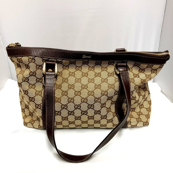 GUCCI Tote Bag 141470 GG Canvas Pattern Leather Brown Gold Hardware Made in Ital - Picture 1 of 9